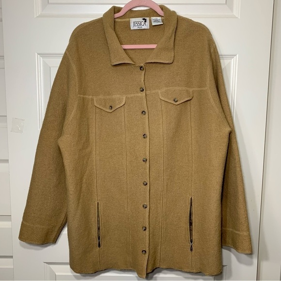 VINTAGE Tan Brown Wool Button Down Shacket Neutral Cardigan Sweater Pocket Sz 1X - Picture 6 of 11